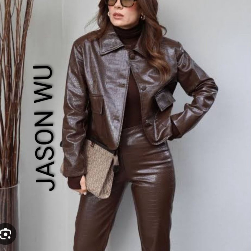 Women's Jason Wu Croc Embossed Leather Jacket S Chocolate Brown Edgy Classic